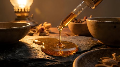 Oil dripping from bottle onto wooden surface with bowls and warm lighting, suitable for culinary, wellness, and cooking content.