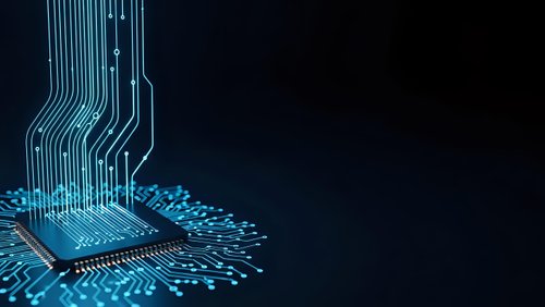 Futuristic microprocessor chip with glowing blue circuit board connections and digital data streams on dark background for technology concepts.