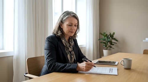 Middle-aged Caucasian businesswoman in dark suit writing documents at wooden desk in modern office with natural light from window and plant decor.