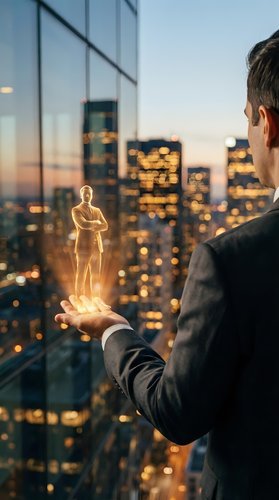 Businessman holding glowing holographic figure in palm against city skyline at dusk representing leadership, mentorship and human resources management concepts.