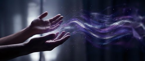 Hands releasing glowing purple energy waves in dark space, representing magic, spirituality, healing power, and mystical force for wellness and supernatural concepts.