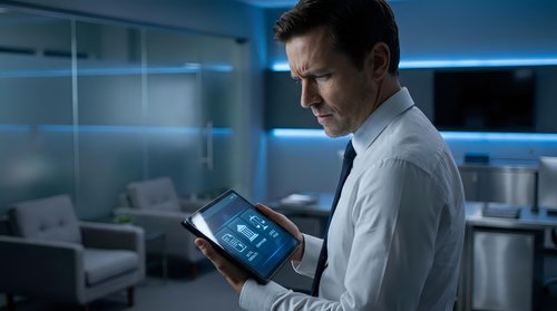 Professional Caucasian male doctor using digital tablet in modern hospital room with blue ambient lighting for medical technology and healthcare innovation.