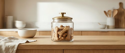 Glass storage jar with wooden lid filled with cookies on kitchen counter for food organization and pantry storage solutions.