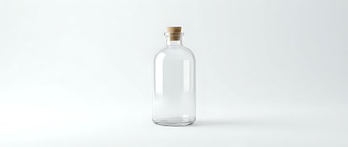 Empty glass bottle with cork stopper on white background, isolated transparent container for cosmetics, medicine or craft projects.