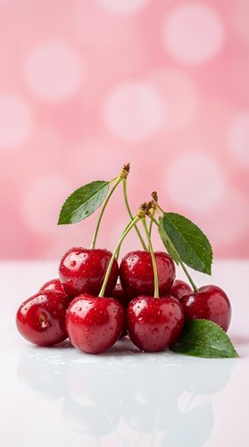 Fresh ripe red cherries with green leaves and water drops on white surface against soft pink bokeh background for summer fruit concepts.