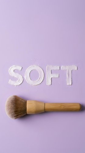 Soft makeup brush with wooden handle on lavender background with embossed text, ideal for cosmetics, beauty product marketing, skincare tutorials, and salon promotional materials.