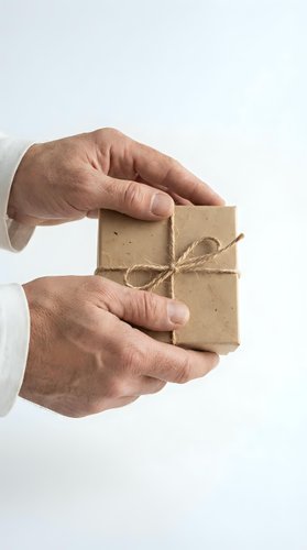 Senior man hands holding small kraft paper gift box tied with natural twine string on white background for holidays and special occasions.
