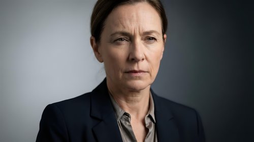 Middle-aged woman with short brown hair and fair complexion wearing dark blazer over striped shirt, serious expression, studio portrait for corporate or professional use.
