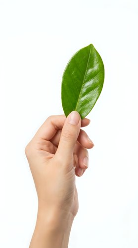 Hand holding fresh green leaf isolated on white background for eco-friendly natural organic environmental sustainability concept design.