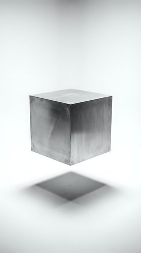 Minimalist floating metal cube with shadow on white background for modern design concepts and abstract presentations.