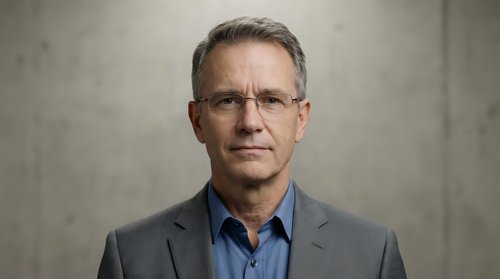 Professional middle-aged Caucasian businessman in gray suit and blue shirt wearing glasses against concrete wall background for corporate headshot.