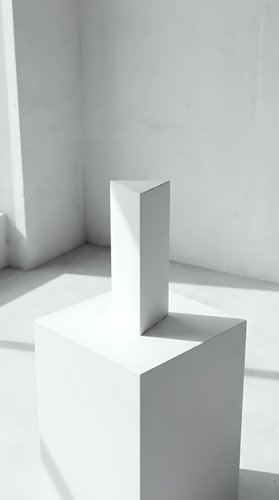 Minimalist white geometric blocks with natural shadows in corner setting for modern product display and contemporary design presentations.