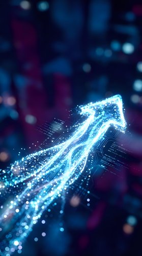 Glowing upward arrow made of blue particles and digital data streams on dark tech background with bokeh lights, representing growth, success, and financial progress.