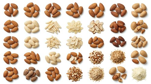 Assorted nuts and seeds collection including almonds, cashews, peanuts, and sesame isolated on white background, ready for food packaging, culinary design, and nutritional content illustrations.