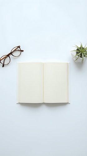 Open blank notebook with eyeglasses and succulent plant on white background for workspace design and planning concepts.