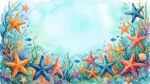 Watercolor underwater border frame with colorful starfish, coral, seaweed, and bubbles on a light blue background with copy space.