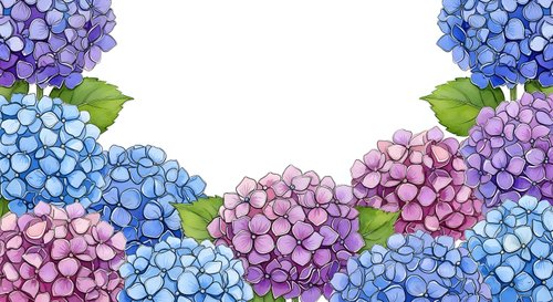 Watercolor hydrangea flowers frame border in purple, pink and blue tones with green leaves on white background for spring garden design projects.