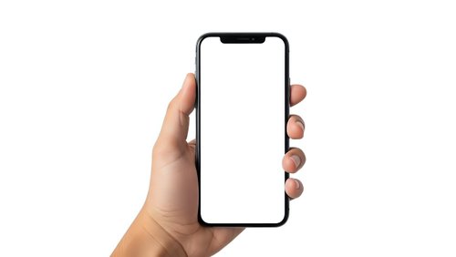 Hand holding modern smartphone with blank white screen mockup isolated on white background for app presentation and mobile interface design.