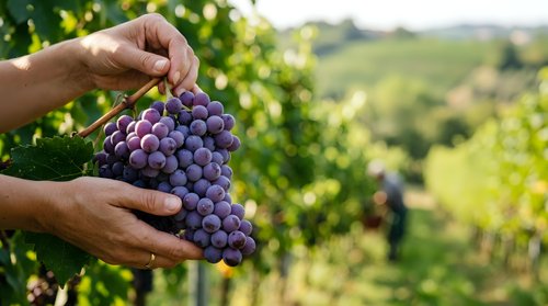 Farmer holding freshly harvested purple grapes in vineyard during harvest season, with blurred green vines and rolling landscape in background for agriculture and wine production.