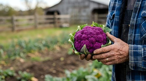 Purple cauliflower held by farmer in blue plaid shirt at vegetable garden farm. Fresh organic produce harvest for agriculture, farming, and food industry use.