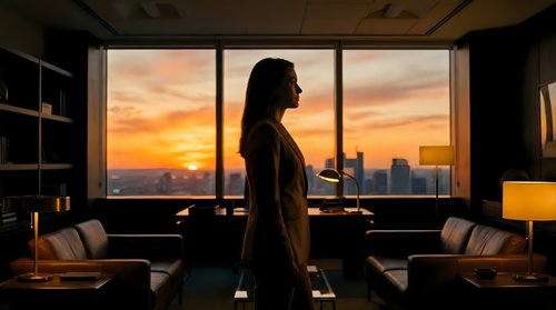 Woman with long dark hair standing in modern office overlooking city skyline at sunset, silhouetted against golden sky, contemporary workspace with floor-to-ceiling windows for corporate and lifestyle themes.