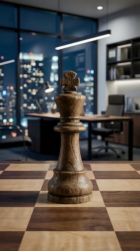 Wooden chess queen piece on checkered board in modern office with city skyline view through windows, representing strategy and business planning.