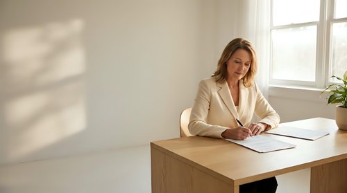Young woman with shoulder-length blonde hair, Caucasian ethnicity, wearing a beige blazer, seated at wooden desk writing on documents in bright, minimalist office space with natural window light.