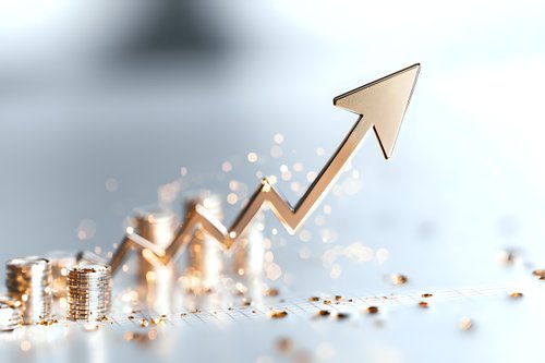 Stacks of golden coins with upward arrow showing financial growth and success, sparkles and bokeh effects create magical money atmosphere.