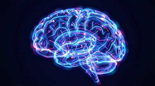 Digital brain with glowing neural networks and electric connections on dark background for medical, technology and artificial intelligence concepts.