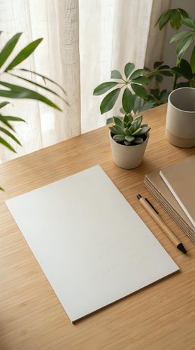 Minimalist workspace with blank paper, wooden pencils and green plants on bamboo desk near window with natural light for creative projects and office work.
