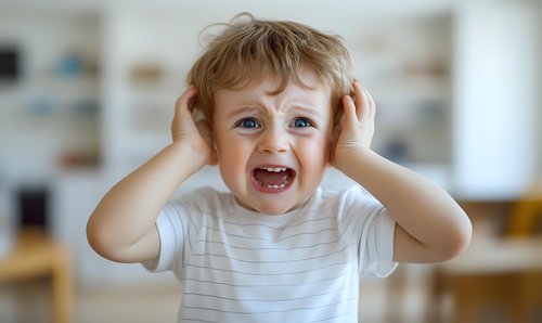 Excited Caucasian toddler boy with blue eyes wearing striped t-shirt covers ears with hands while laughing joyfully at home, showing playful expression.