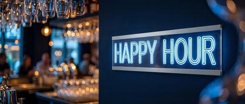 Neon happy hour sign glowing in upscale bar with crystal chandelier and bokeh lights creating warm evening atmosphere for nightlife entertainment venue.
