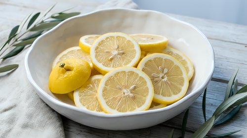 Fresh lemon slices in white ceramic bowl with olive branches on marble surface for healthy cooking and natural wellness lifestyle.