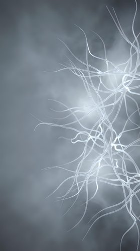 Abstract flowing white tendrils with luminous light effects on soft gray background, suitable for modern design, technology, and creative projects.