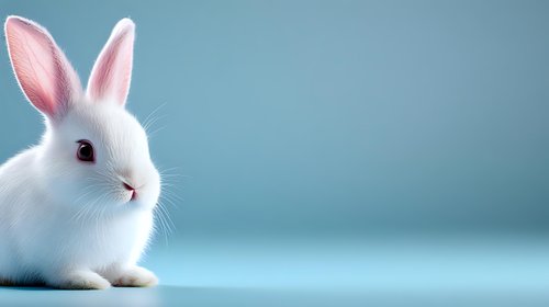 White fluffy bunny with pink ears on soft blue background, close-up portrait of young domestic rabbit showing gentle expression and delicate features.
