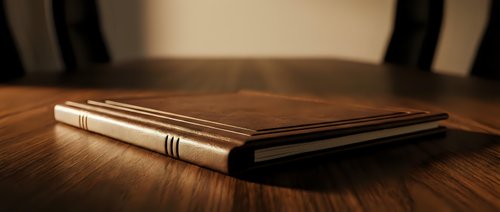 Elegant leather-bound journal with golden details resting on polished wooden surface in warm ambient lighting for writing and note-taking projects.