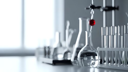 Laboratory glassware and equipment on white table in modern research facility with natural window lighting for scientific experiments and analysis.