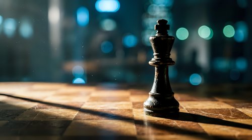 Black chess king piece standing alone on wooden chessboard with blurred city lights bokeh background creating dramatic atmosphere for strategic business concepts.