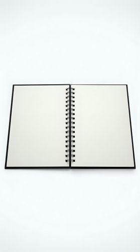 Open blank spiral notebook with empty pages on white background isolated for design and educational projects.