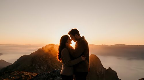 Romantic couple silhouette embracing at mountain summit during golden hour sunset with dramatic landscape and warm glowing light creating intimate moment.