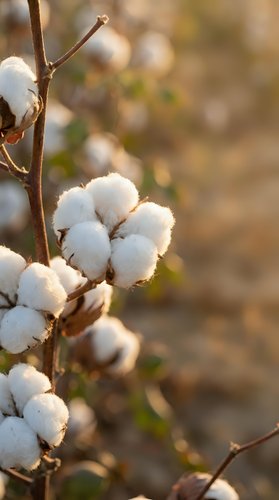 Cotton bolls on plant branch in warm sunlight with soft bokeh background for natural textile and agriculture concepts.