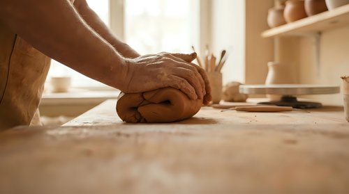 Potter hands kneading clay on wooden table in ceramic workshop with pottery tools and natural lighting for artisan crafts and handmade ceramics.