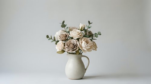 Elegant neutral rose bouquet in ceramic pitcher vase with eucalyptus leaves on clean white background for home decor and wedding design projects.