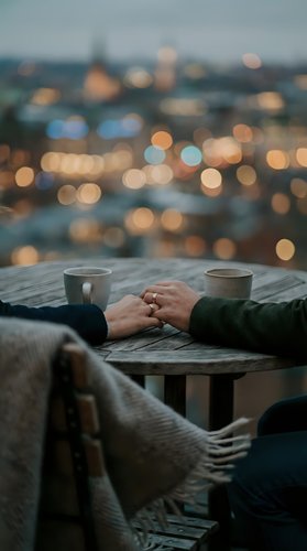 Romantic couple holding hands at wooden table with coffee cups overlooking blurred city lights at dusk creating intimate atmosphere for dating concepts.