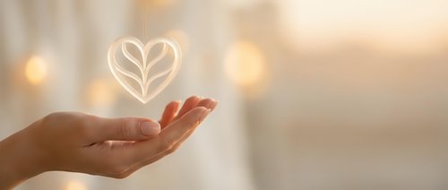 Hand holding glowing heart with leaf symbol representing eco-friendly love, sustainability and environmental care concept on warm bokeh background.