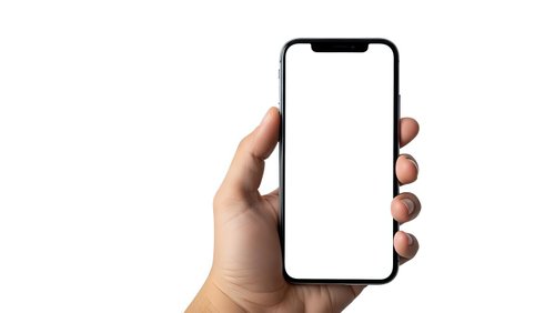 Hand holding modern smartphone with blank white screen mockup isolated on transparent background for app presentation and mobile interface design.