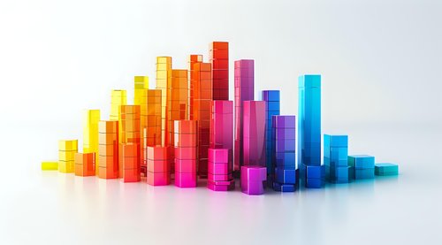 Colorful ascending and descending transparent acrylic blocks arranged in rainbow gradient pattern creating modern architectural cityscape shape on white surface.