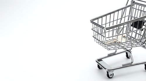 Empty shopping cart on white background, isolated and ready for retail, commerce, and e-commerce design projects.