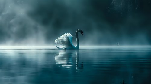 Majestic white swan gliding on misty lake at dawn, creating mirror reflection in turquoise water amid ethereal foggy atmosphere.