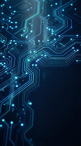 Glowing circuit board pathways with illuminated nodes and data flow connections on dark background, suitable for technology and digital innovation concepts.